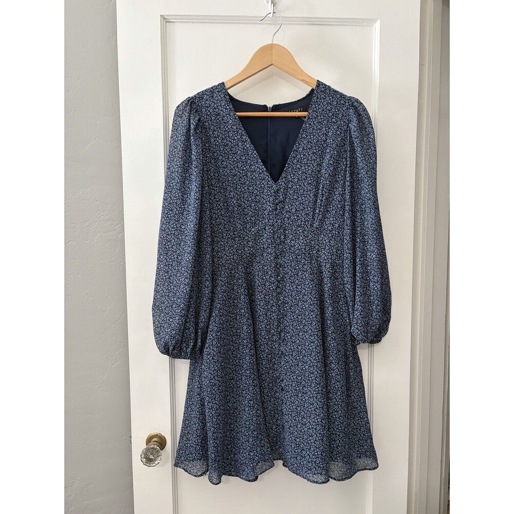 1.STATE Mini Dress Sz 8 Medium Blue Floral Fit Flare Puff Sleeve Cottagecore